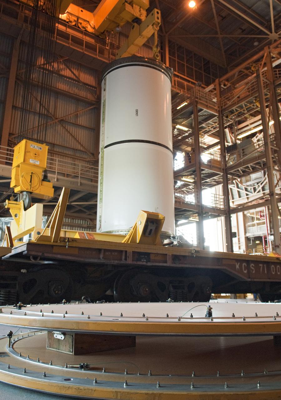 CAPE CANAVERAL, Fla. -- In the Rotation, Processing and Surge Facility at NASA's Kennedy Space Center in Florida, the booster segment is ready to be moved to a work stand.   The segments will be used for space shuttle  Atlantis on what currently is planned as the 'launch on need,' or potential rescue mission for the final shuttle flight, Endeavour's STS-134 mission. For information, visit www.nasa.gov_shuttle. Photo credit: NASA_Cory Huston