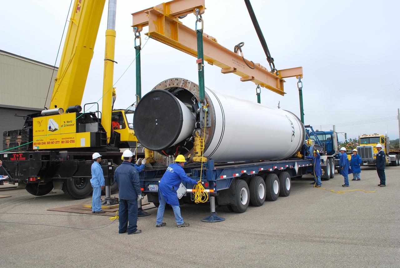 VANDENBERG AIR FORCE BASE, Calif. -- At Vandenberg Air Force Base in California, the Stage 0 motor for the Taurus XL launch vehicle is readied for its move into Orbital Sciences' Hangar 1555. The motor will help lift NASA's Glory satellite into low Earth orbit.    Glory is scheduled to launch in November from Vandenberg's Launch Pad SLC 576-E. Once Glory reaches orbit, it will collect data on the properties of aerosols and black carbon. It also will help scientists understand how the sun's irradiance affects Earth's climate.  Photo credit: NASA_Randy Beaudoin, VAFB