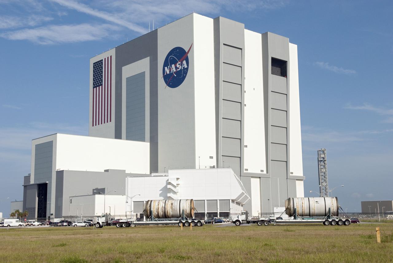 CAPE CANAVERAL, Fla. -- At NASA's Kennedy Space Center in Florida, spent solid rocket booster segments used for the STS-132 mission are being transported from Hangar AF to the Locomotive Maintenance Facility. They will be loaded onto railcars and returned to the ATK solid rocket booster plant in Promontory, Utah. Photo credit: NASA_Jim Grossmann