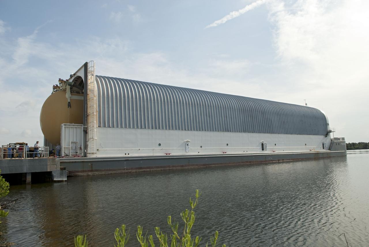 CAPE CANAVERAL, Fla. -- At NASA's Kennedy Space Center in Florida, External Tank-138 is being offloaded from the Pegasus barge docked in the turn basin. The external fuel tank arrived in Florida on July 13, from NASA's Michoud Assembly Facility near New Orleans. ET-138, the last newly manufactured tank, was originally designated to fly on Endeavour's STS-134 mission to the International Space Station, but later reassigned to fly on space shuttle Atlantis' final mission, STS-135. For information, visit www.nasa.gov_shuttle. Photo credit: NASA_Jim Grossmann