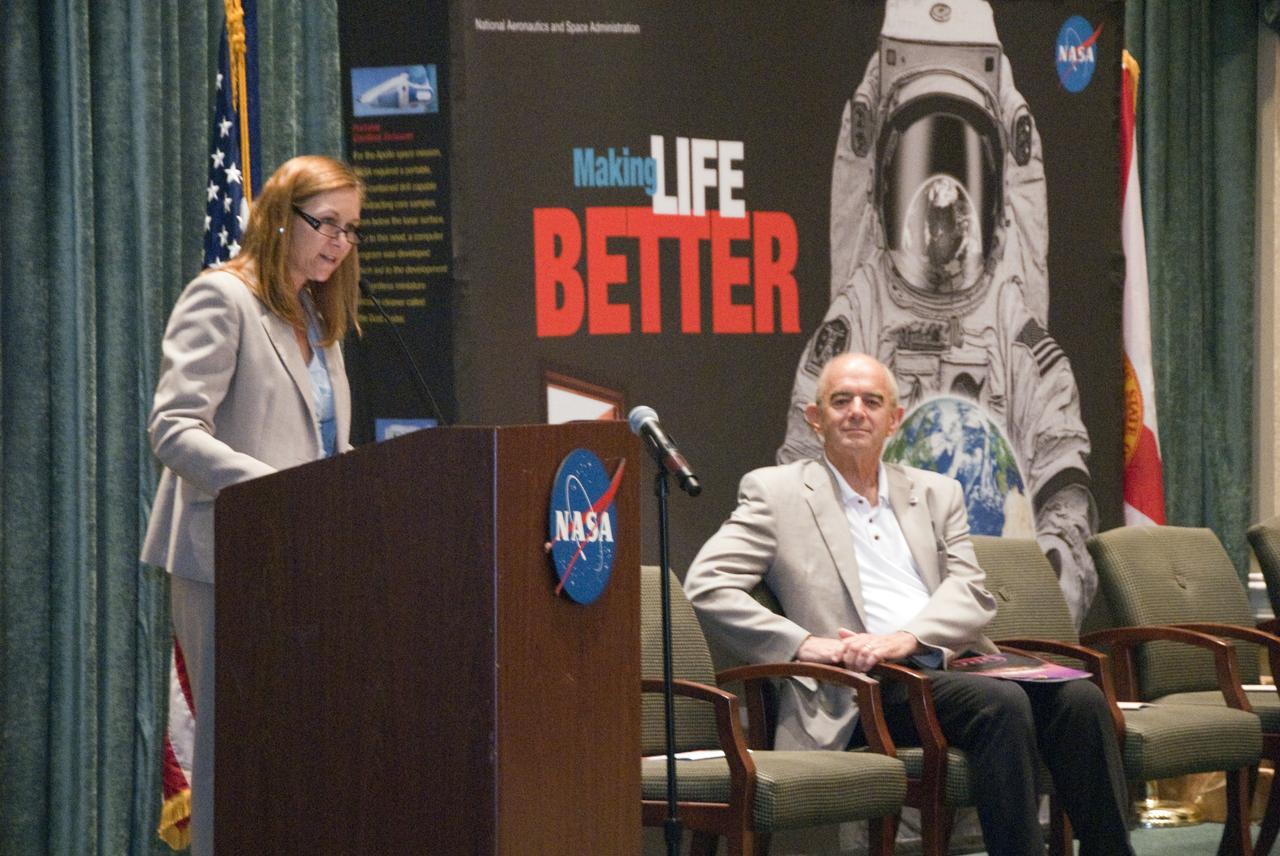 CAPE CANAVERAL, Fla. -- During a Minority Student Education Forum, Kennedy Space Center Deputy Director Janet Petro, left, talks to hundreds of fifth- through 12th-grade students. The forum focused on encouraging students to pursue careers in science, technology, engineering and mathematics, or STEM, by featuring some of NASA's greatest legends and trailblazers. Sitting, at right, is Glenn Research Center's Associate Director Vernon Wessell.      NASA's Education Office sponsored the forum as part of the agency's 'Summer of Innovation' initiative and the federal 'Education to Innovate' campaign. Photo credit: NASA_Cory Huston