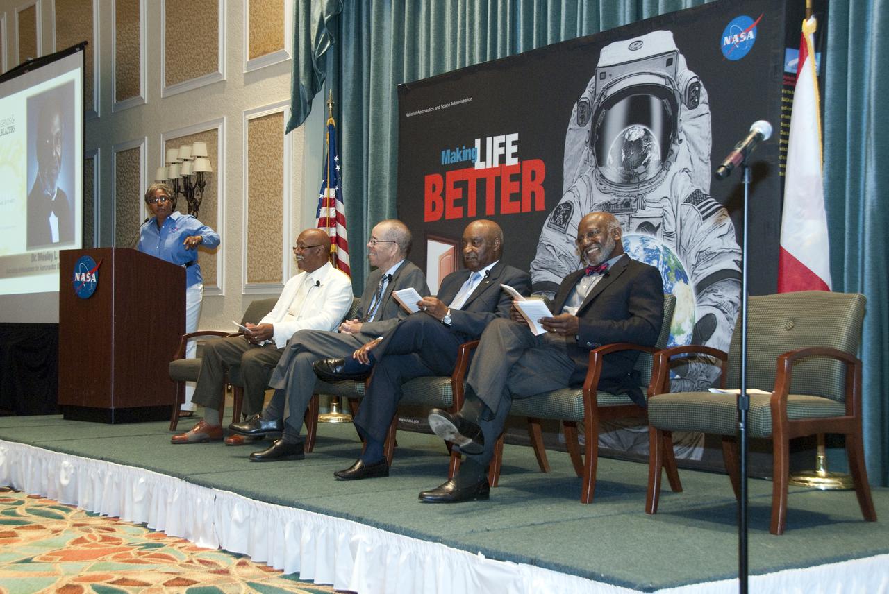 CAPE CANAVERAL, Fla. -- During a Minority Student Education Forum, Linda Dukes-Campbell, the chief of Community and Media Relations at Glenn Research Center, left, talks to hundreds of fifth- through 12th-grade students. Other NASA legends, sitting from left to right, are Glenn Research Center's former Director Dr. Julian Earls, Dryden Flight Research Center's former Director Isaac Gillam, Glenn's Director Donald Campbell, and former NASA Associate Administrator for Aeronautics Dr. Wesley Harris. The forum focused on encouraging students to pursue careers in science, technology, engineering and mathematics, or STEM, by featuring some of NASA's greatest legends and trailblazers.        NASA's Education Office sponsored the forum as part of the agency's 'Summer of Innovation' initiative and the federal 'Education to Innovate' campaign. Photo credit: NASA_Cory Huston