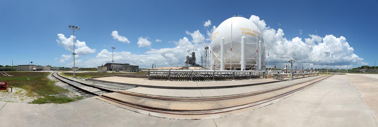 CAPE CANAVERAL, Fla. -- In the Launch Complex 39 area at NASA's Kennedy Space Center in Florida is a liquid hydrogen, or LH2, storage tank. This large ball-shaped, vacuum-jacketed tank is used to store cryogenic propellants for the space shuttle's orange external fuel tank. The LH2 tank is located at the northeast corner of Launch Pad 39A and stores 850,000 gallons of LH2 at a temperature of minus 423 degrees F.  The shuttle's external tank is loaded with about 500,000 gallons of LH2 and liquid oxygen, or LOX, about six hours prior to launch in a process known as 'tanking.' Photo credit: NASA_Frankie Martin