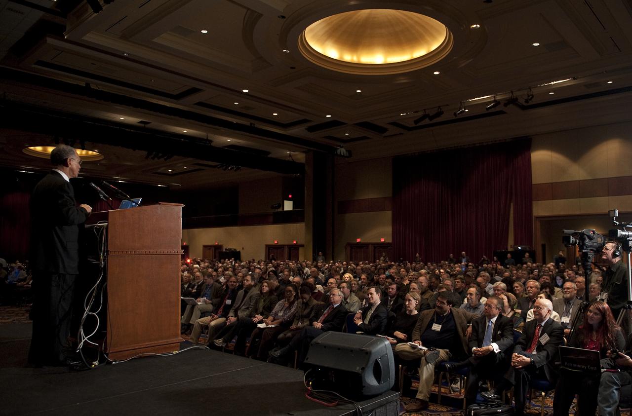 NASA Administrator Charles Bolden speaks at the 215th meeting of the American Astronomical Society (AAS) in Washington on Tuesday, Jan. 5, 2009. Throughout the meeting, NASA research and mission highlights will be presented from missions that include Kepler, the Spitzer Space Telescope, the Hubble Space Telescope, and the newly launched Wide-field Infrared Survey Explorer, or WISE. Photo Credit: (NASA/Bill Ingalls)