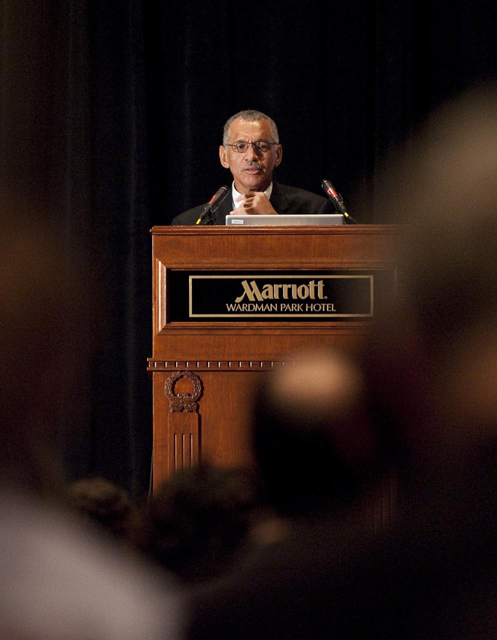 NASA Administrator Charles Bolden speaks at the 215th meeting of the American Astronomical Society (AAS) in Washington on Tuesday, Jan. 5, 2009. Throughout the meeting, NASA research and mission highlights will be presented from missions that include Kepler, the Spitzer Space Telescope, the Hubble Space Telescope, and the newly launched Wide-field Infrared Survey Explorer, or WISE. Photo Credit: (NASA/Bill Ingalls)