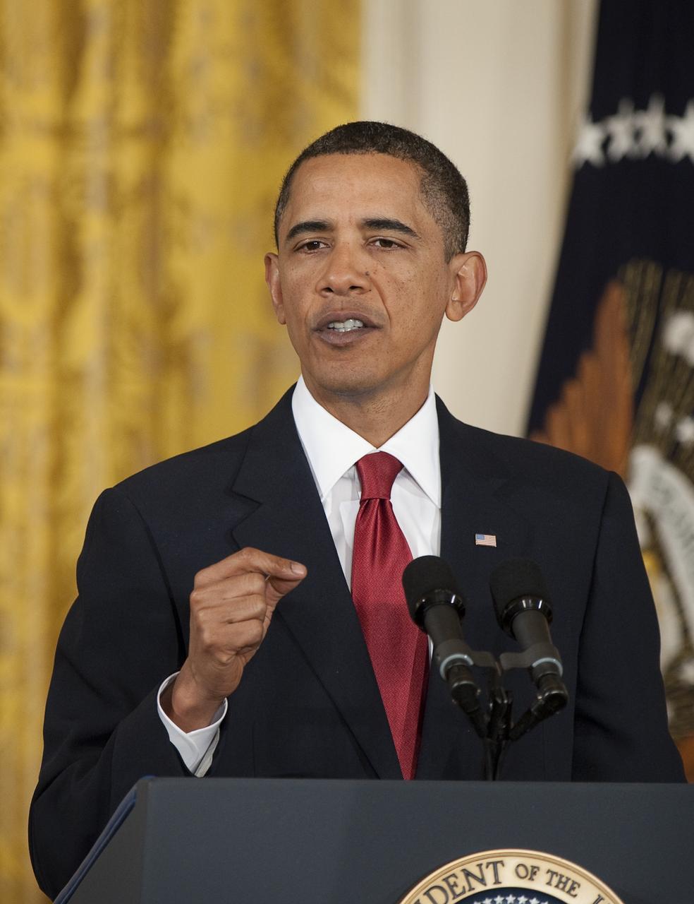 U.S. President Barack Obama speaks in the East Room of the White House in Washington, Wednesday, Jan. 6, 2010, during an 'Educate to Innovate' event where he honored teachers who received awards for excellence in Science, Technology, Engineering and Math (STEM) education. NASA's 'Summer of Innovation' program supports the President's 'Educate to Innovate' campaign. Photo Credit: (NASA/Bill Ingalls)