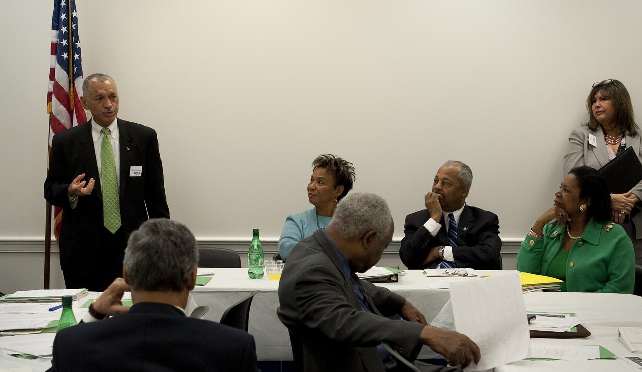 NASA Administrator Charles Bolden, left standing, speaks to members of the Congressional Black Caucus during their weekly meeting at the U.S. Capitol in Washington, Wednesday, Jan. 13, 2010. Photo Credit: (NASA/Paul E. Alers)