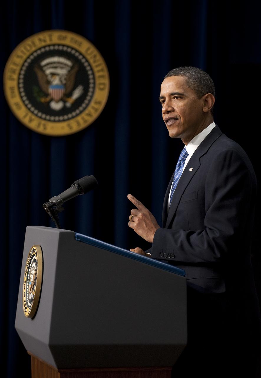 U.S. President Barack Obama speaks at the opening session of the Forum on Modernizing Government, Thursday, Jan. 14, 2010, in the Eisenhower Executive Office Building in Washington. As part of his commitment to change how business is done in Washington and instill a new sense of responsibility for taxpayer dollars, the President welcomed more than 50 of the country’s top CEOs, deputy secretaries, including NASA's Deputy Administrator Lori Garver and department chief information officers to the forum.  Photo Credit: (NASA/Bill Ingalls)
