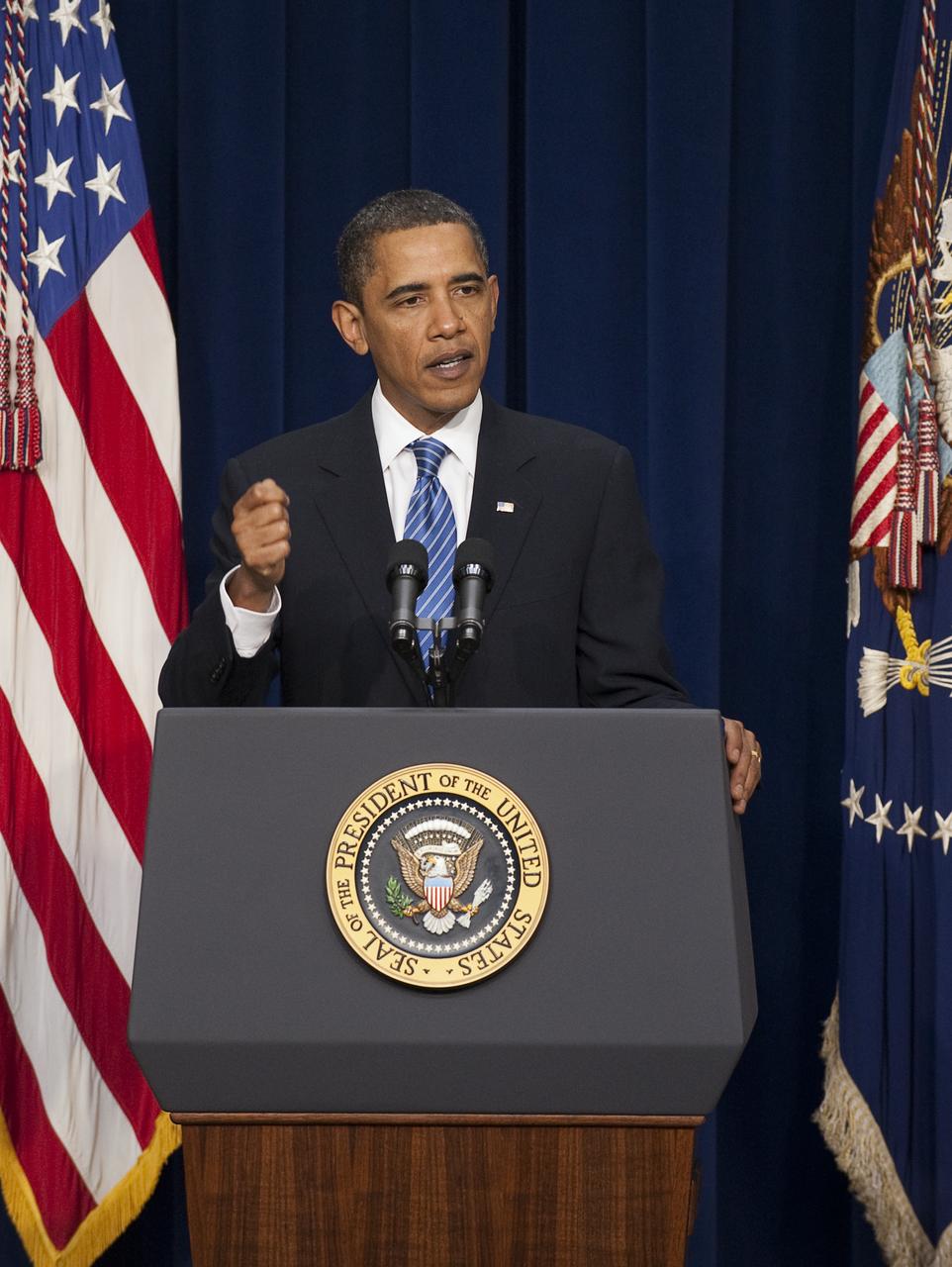 U.S. President Barack Obama speaks at the opening session of the Forum on Modernizing Government, Thursday, Jan. 14, 2010, in the Eisenhower Executive Office Building in Washington. As part of his commitment to change how business is done in Washington and instill a new sense of responsibility for taxpayer dollars, the President welcomed more than 50 of the country’s top CEOs, deputy secretaries, including NASA's Deputy Administrator Lori Garver and department chief information officers to the forum.  Photo Credit: (NASA/Bill Ingalls)
