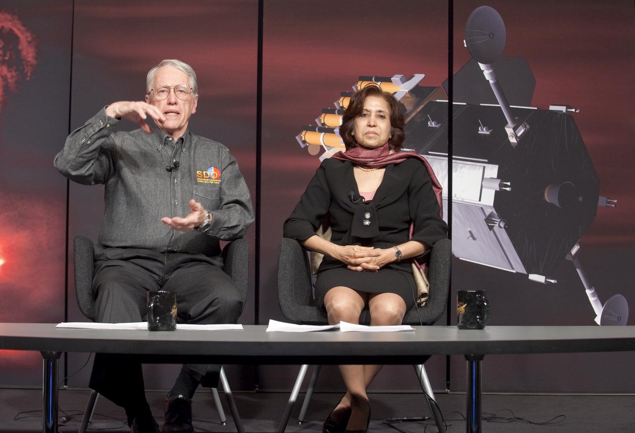 Richard Fisher, Heliophysics Division Director at NASA Headquarters, left, speaks during a briefing to discuss the upcoming launch of NASA's Solar Dynamic Observatory, or SDO, Thursday, Jan. 21, 2010, as Madhulika Guhathakurta, SDO Program Scientist looks on at NASA Headquarters in Washington. The mission is to study the Sun and its dynamic behavior. Photo Credit: (NASA/Paul E. Alers)
