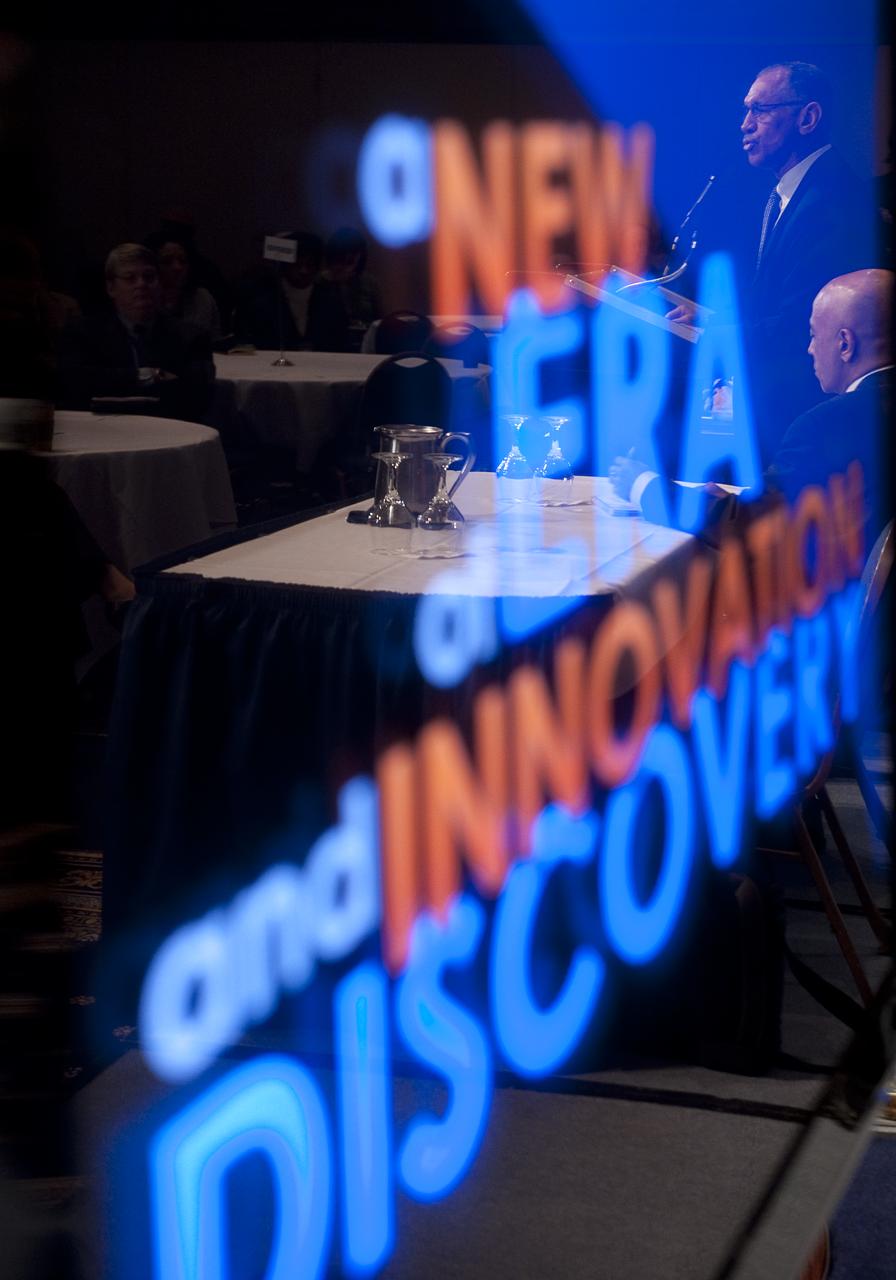NASA Administrator Charles Bolden's reflection is seen in a TV monitor during a press conference, Tuesday, Feb. 2, 2010, at the National Press Club in Washington, where it was announced that NASA has awarded $50 million through funded agreements to further the commercial sector's capability to support transport of crew to and from low Earth orbit. Photo Credit: (NASA/Bill Ingalls)