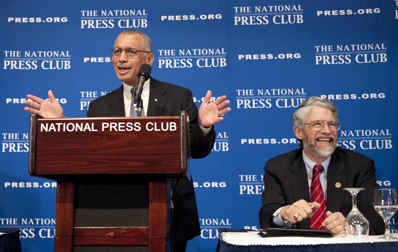 NASA Administrator Charles Bolden, left, and Assistant to the President for Science and Technology and Director of the White House Office of Science and Technology Policy Dr. John P. Holdren are seen during a press conference, Tuesday, Feb. 2, 2010, at the National Press Club in Washington, where it was announced that NASA has awarded $50 million through funded agreements to further the commercial sector's capability to support transport of crew to and from low Earth orbit. Photo Credit: (NASA/Bill Ingalls)