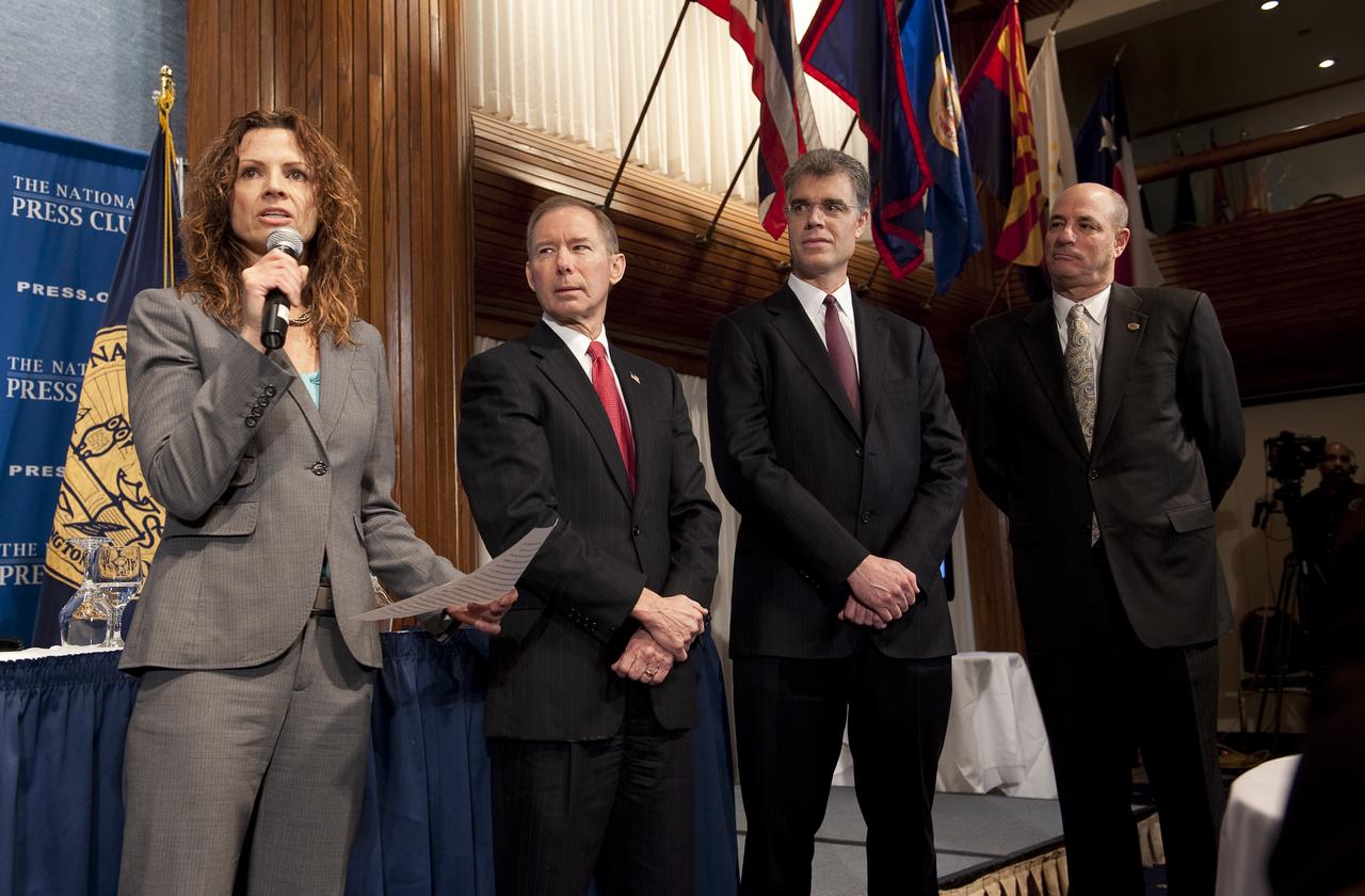 From left, Jane Poynter, President and Chair, Paragon Space Development Corp., Brewster Shaw, VP and General Manager, NASA Systems, Boeing, Robert Millman of Blue Origin and Mike Gass, President and Chief Executive, United Launch Alliance are seen during a press conference, Tuesday, Feb. 2, 2010, at the National Press Club in Washington, where it was announced that NASA has awarded $50 million through funded agreements to further the commercial sector's capability to support transport of crew to and from low Earth orbit. Photo Credit: (NASA/Bill Ingalls)