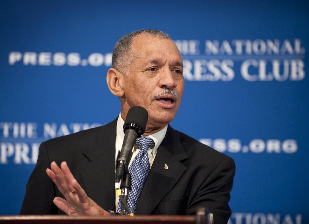 NASA Administrator Charles Bolden speaks during a press conference, Tuesday, Feb. 2, 2010, at the National Press Club in Washington, where it was announced that NASA has awarded $50 million through funded agreements to further the commercial sector's capability to support transport of crew to and from low Earth orbit. Photo Credit: (NASA/Bill Ingalls)
