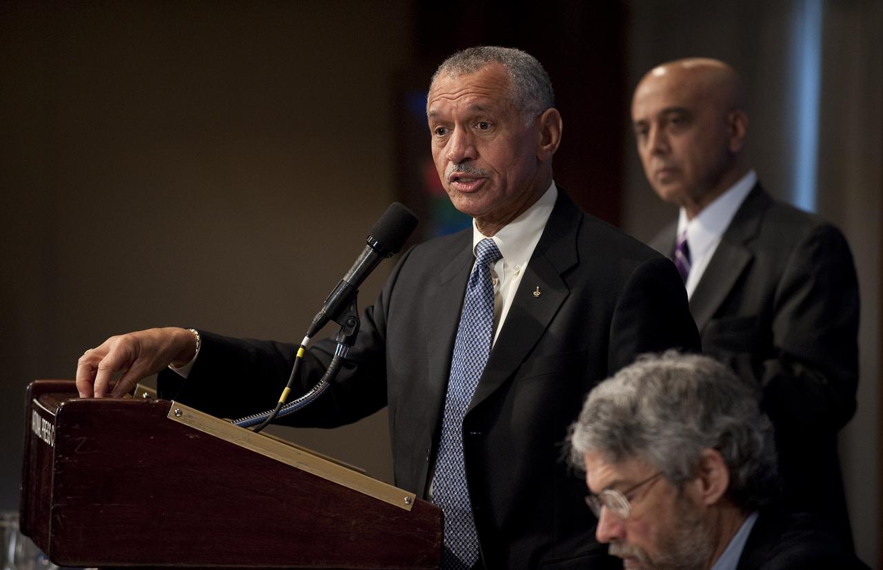 NASA Administrator Charles Bolden speaks during a press conference, Tuesday, Feb. 2, 2010, at the National Press Club in Washington, where it was announced that NASA has awarded $50 million through funded agreements to further the commercial sector's capability to support transport of crew to and from low Earth orbit. Photo Credit: (NASA/Bill Ingalls)