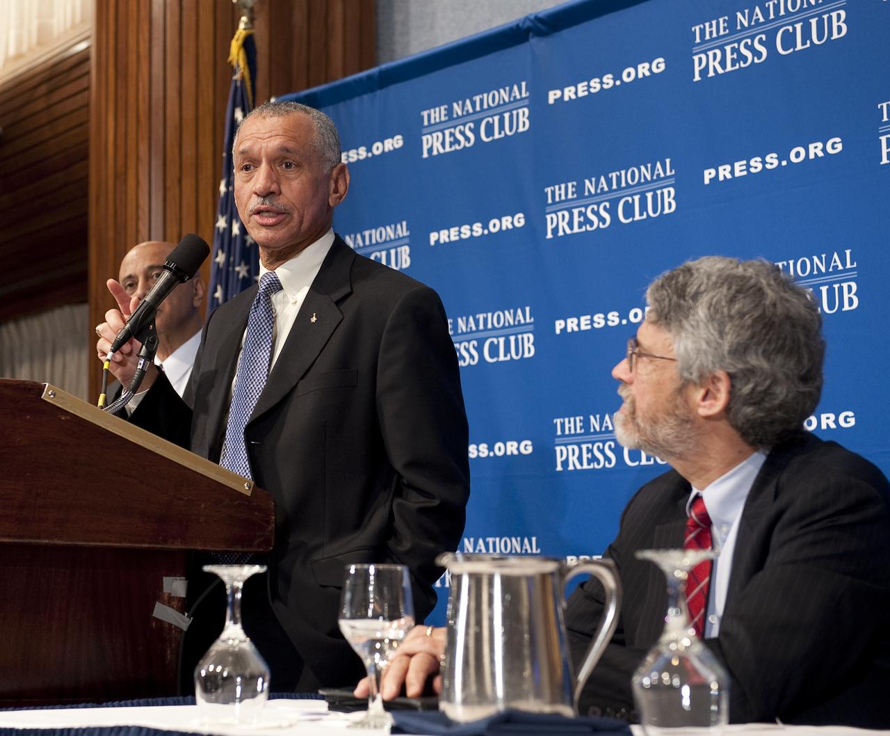 NASA Administrator Charles Bolden speaks during a press conference, Tuesday, Feb. 2, 2010, at the National Press Club in Washington, where it was announced that NASA has awarded $50 million through funded agreements to further the commercial sector's capability to support transport of crew to and from low Earth orbit. Photo Credit: (NASA/Bill Ingalls)