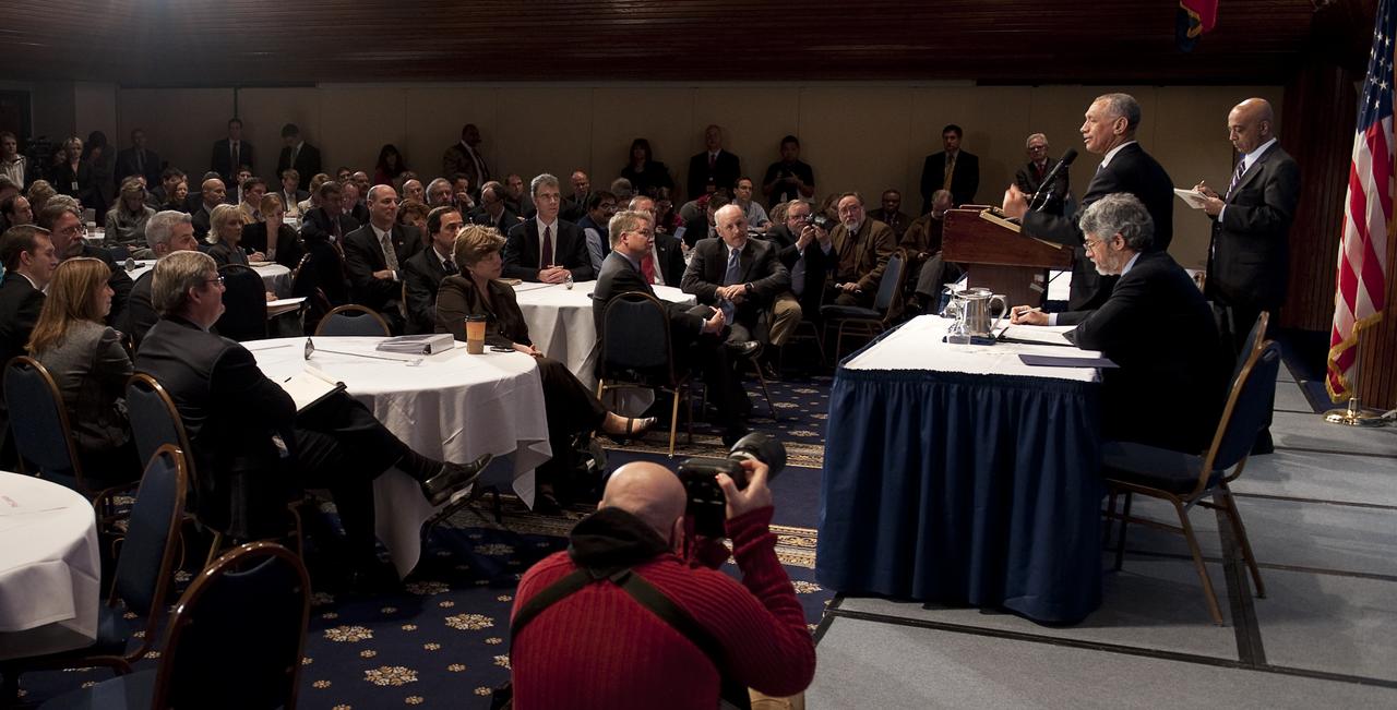 NASA Administrator Charles Bolden speaks during a press conference, Tuesday, Feb. 2, 2010, at the National Press Club in Washington, where it was announced that NASA has awarded $50 million through funded agreements to further the commercial sector's capability to support transport of crew to and from low Earth orbit. Photo Credit: (NASA/Bill Ingalls)