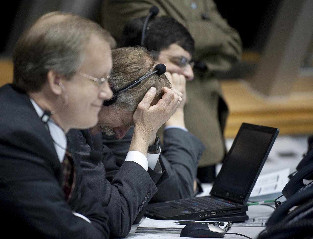 NASA Associate Administrator for Space Operations Bill Gerstenmaier, center, reacts to an updated weather report during the countdown of the launch of the space shuttle Endeavour and the start of the STS-130 mission at NASA Kennedy Space Center in Cape Canaveral, Fla. on Sunday Feb. 7, 2010.  Space shuttle Endeavour's launch attempt was scrubbed due to a low cloud ceiling over Kennedy Space Center. Photo Credit: (NASA/Bill Ingalls)