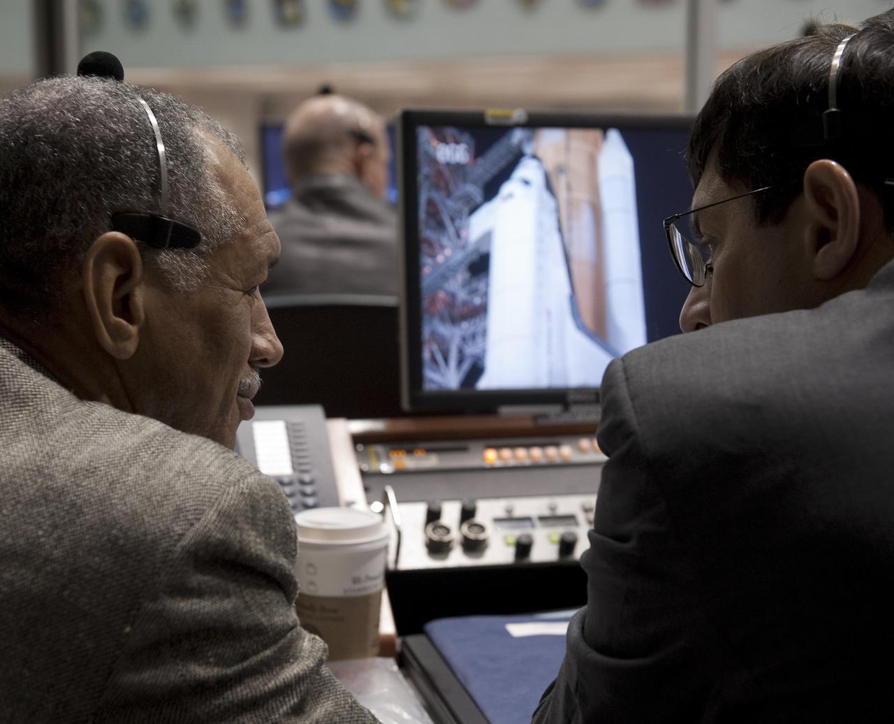 NASA Administrator Charles Bolden, left, and NASA Associate Administrator Chris Scolese are seen in Firing Room Four of the Launch Control Center as they monitor the countdown of the launch of the space shuttle Endeavour and the start of the STS-130 mission at NASA Kennedy Space Center in Cape Canaveral, Fla. on Monday Feb. 8, 2010.  Photo Credit: (NASA/Bill Ingalls)