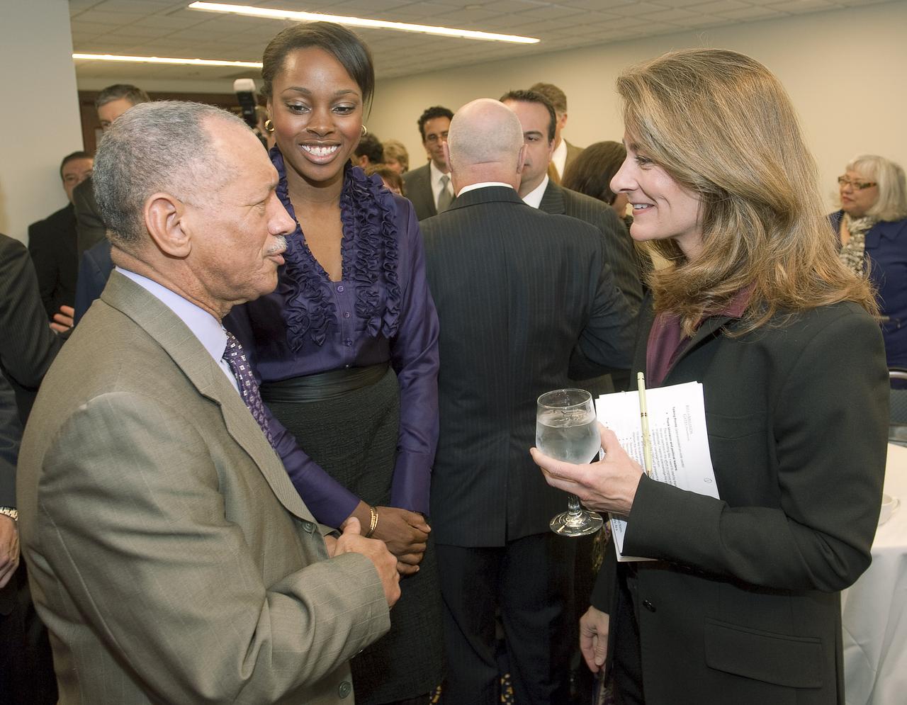 NASA Administrator Charles Bolden, left, speaks with Melinda French Gates, of the Bill & Melinda Gates Foundation, right, prior to the start of an event at the National Press Club in Washington, Tuesday, Feb. 23, 2010. NASA is working with Univision Communications Inc. to develop a partnership in support of the Spanish-language media outlet's initiative to improve high school graduation rates, prepare Hispanic students for college, and encourage them to pursue careers in science, technology, engineering and mathematics, or STEM, disciplines. Photo Credit: (NASA/Bill Ingalls)