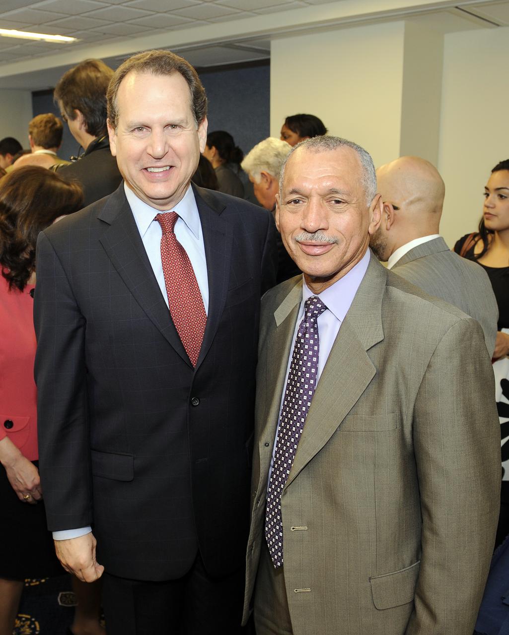 NASA Administrator Charles Bolden, right, poses with U.S. Rep. Lincoln Diaz-Balart, R-Fla., prior to the start of an event at the National Press Club in Washington, Tuesday, Feb. 23, 2010. NASA is working with Univision Communications Inc. to develop a partnership in support of the Spanish-language media outlet's initiative to improve high school graduation rates, prepare Hispanic students for college, and encourage them to pursue careers in science, technology, engineering and mathematics, or STEM, disciplines. Photo Credit: (NASA/Bill Ingalls)
