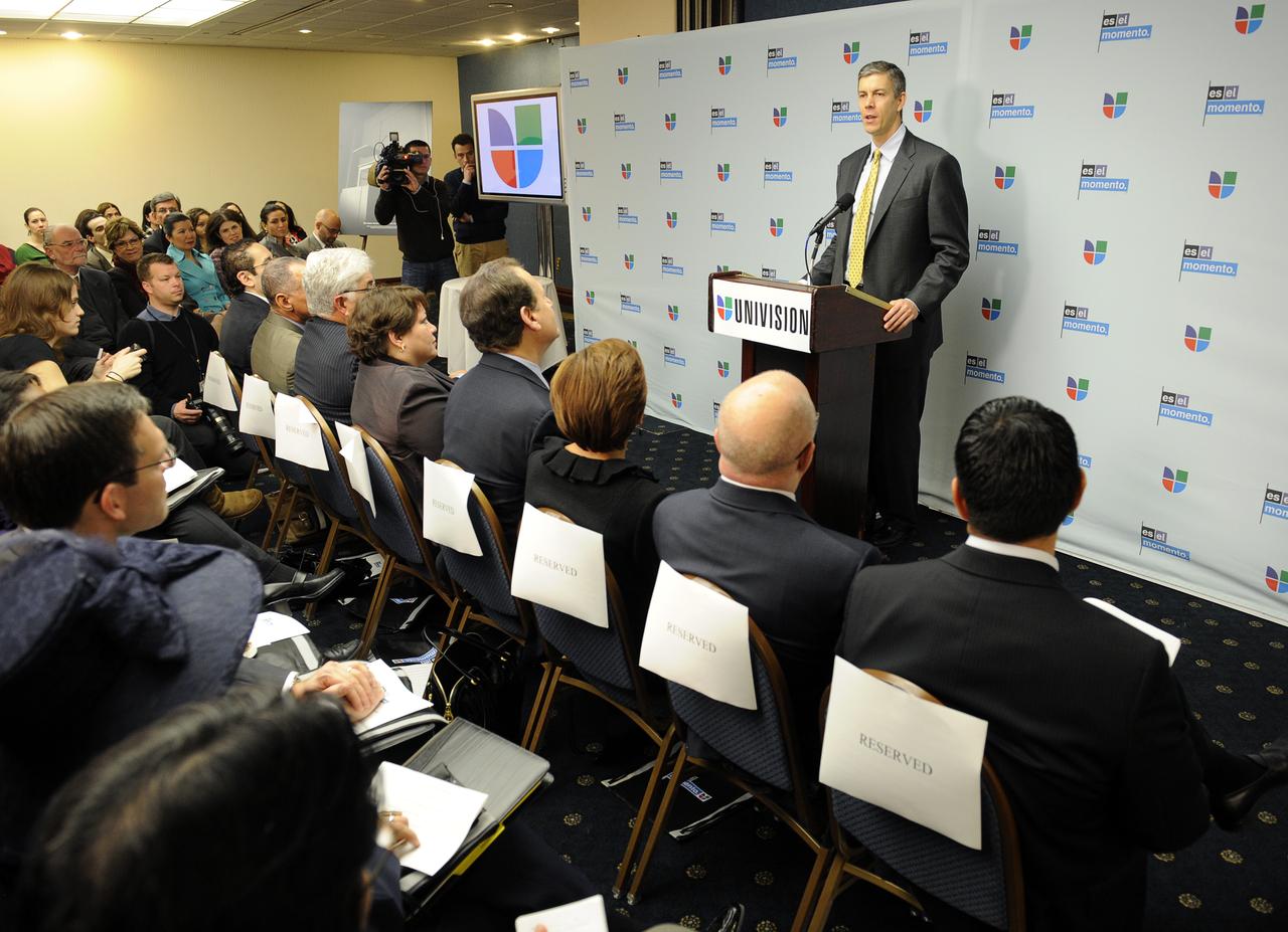 U.S. Secretary of Education Arne Duncan speaks at an event at the National Press Club in Washington, Tuesday, Feb. 23, 2010. NASA is working with Univision Communications Inc. to develop a partnership in support of the Spanish-language media outlet's initiative to improve high school graduation rates, prepare Hispanic students for college, and encourage them to pursue careers in science, technology, engineering and mathematics, or STEM, disciplines. Photo Credit: (NASA/Bill Ingalls)