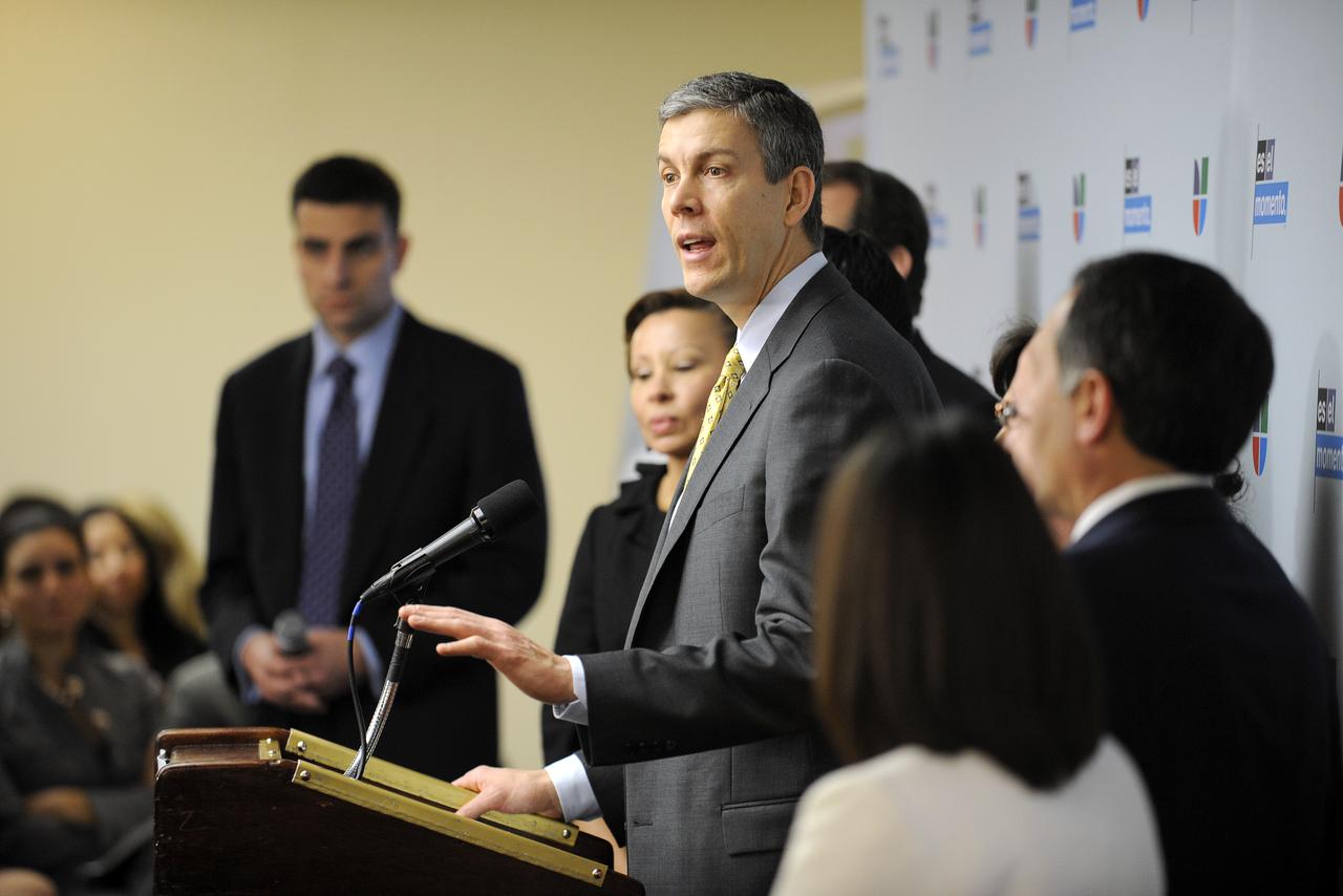U.S. Secretary of Education Arne Duncan speaks during an event at the National Press Club in Washington, Tuesday, Feb. 23, 2010. NASA is working with Univision Communications Inc. to develop a partnership in support of the Spanish-language media outlet's initiative to improve high school graduation rates, prepare Hispanic students for college, and encourage them to pursue careers in science, technology, engineering and mathematics, or STEM, disciplines. Photo Credit: (NASA/Bill Ingalls)