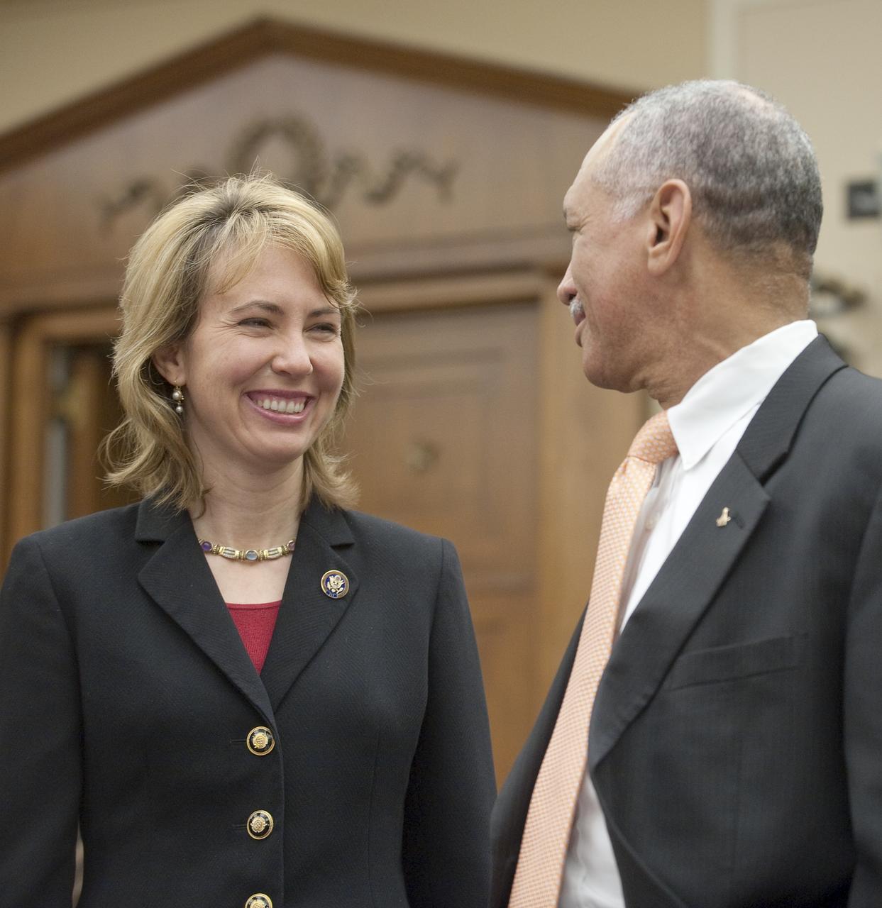 NASA Administrator Charles F. Bolden, right, speaks, U.S. Rep. Gabrielle Giffords, D-Ariz., prior to appearing in front of the U.S. House of Representatives Committee on Science and Technology to discuss the President’s FY 2011 budget request, Thursday, Feb. 25, 2010, on Capitol Hill in Washington. Photo Credit: (NASA/Paul E. Alers)
