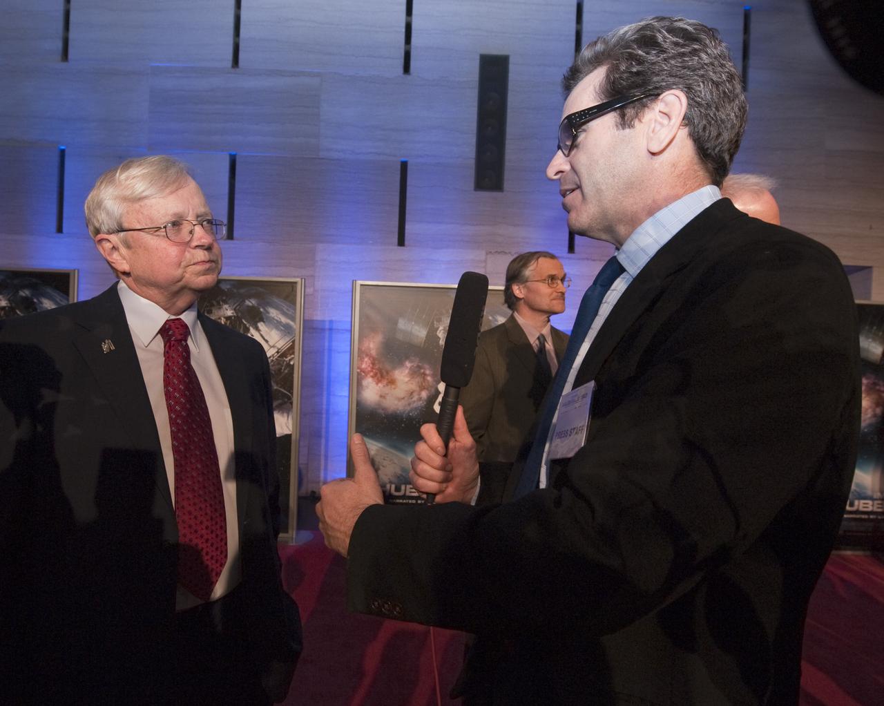 Dr. Ed Weiler, left, is interviewed by Miles O'Brien prior to the World Premiere of "Hubble 3D", screened at the Smithsonian's Air and Space Museum Tuesday evening, March 9, 2010, in Washington. Photo Credit: (NASA/Paul E. Alers)
