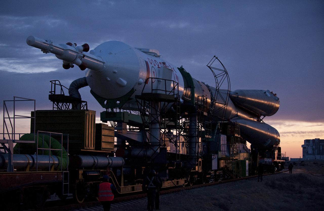 The Soyuz TMA-18 spacecraft is rolled out by train to the launch pad at the Baikonur Cosmodrome, Kazakhstan, Wednesday, March, 31, 2010. The launch of the Soyuz spacecraft with Expedition 23 Soyuz Commander Alexander Skvortsov of Russia, Flight Engineer Mikhail Kornienko of Russia, and NASA Flight Engineer Tracy Caldwell Dyson is scheduled for Friday, April 2, 2010 at 10:04 a.m. Kazakhstan time. Photo Credit (NASA/Bill Ingalls)