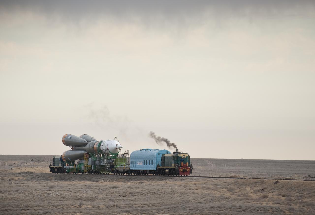 The Soyuz TMA-18 spacecraft is rolled out by train to the launch pad at the Baikonur Cosmodrome, Kazakhstan, Wednesday, March, 31, 2010. The launch of the Soyuz spacecraft with Expedition 23 Soyuz Commander Alexander Skvortsov of Russia, Flight Engineer Mikhail Kornienko of Russia, and NASA Flight Engineer Tracy Caldwell Dyson is scheduled for Friday, April 2, 2010 at 10:04 a.m. Kazakhstan time. Photo Credit (NASA/Bill Ingalls)