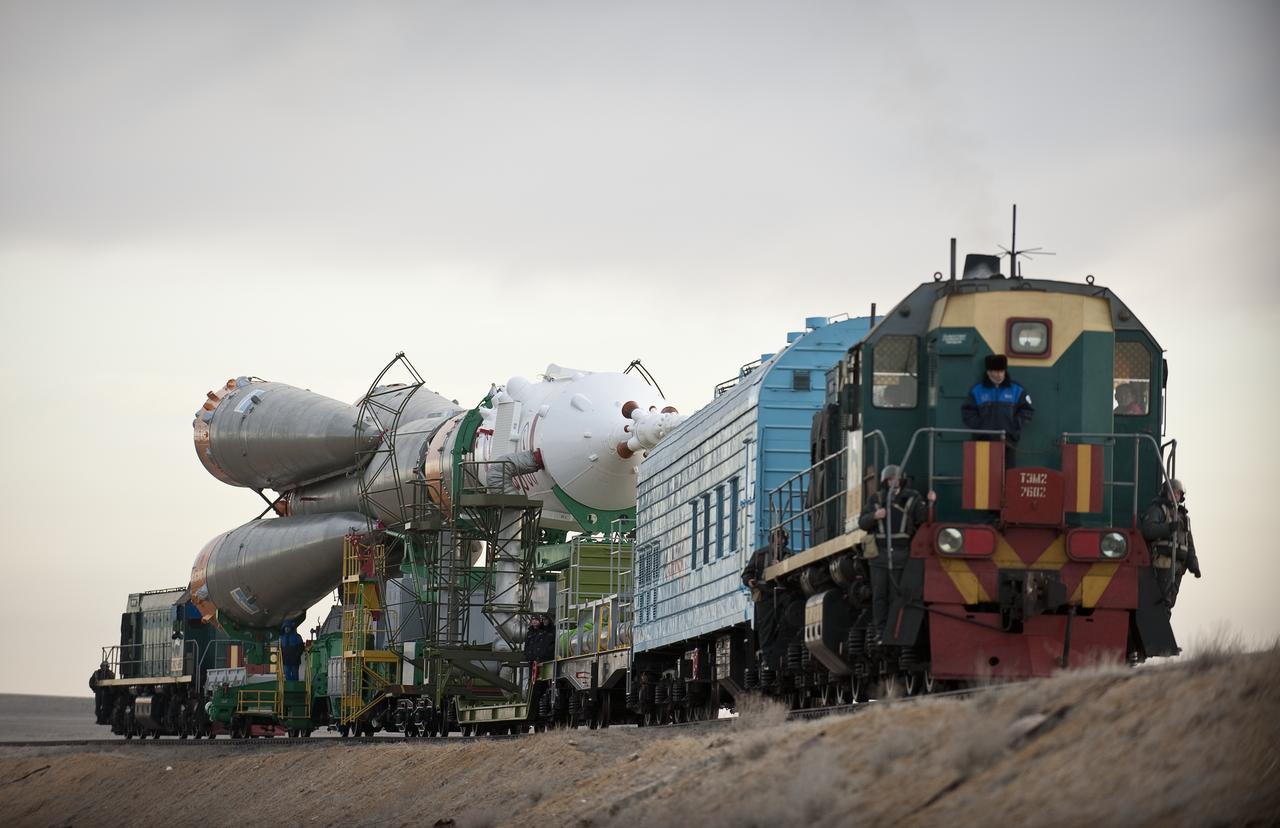 The Soyuz TMA-18 spacecraft is rolled out by train to the launch pad at the Baikonur Cosmodrome, Kazakhstan, Wednesday, March, 31, 2010. The launch of the Soyuz spacecraft with Expedition 23 Soyuz Commander Alexander Skvortsov of Russia, Flight Engineer Mikhail Kornienko of Russia, and NASA Flight Engineer Tracy Caldwell Dyson is scheduled for Friday, April 2, 2010 at 10:04 a.m. Kazakhstan time. Photo Credit (NASA/Bill Ingalls)