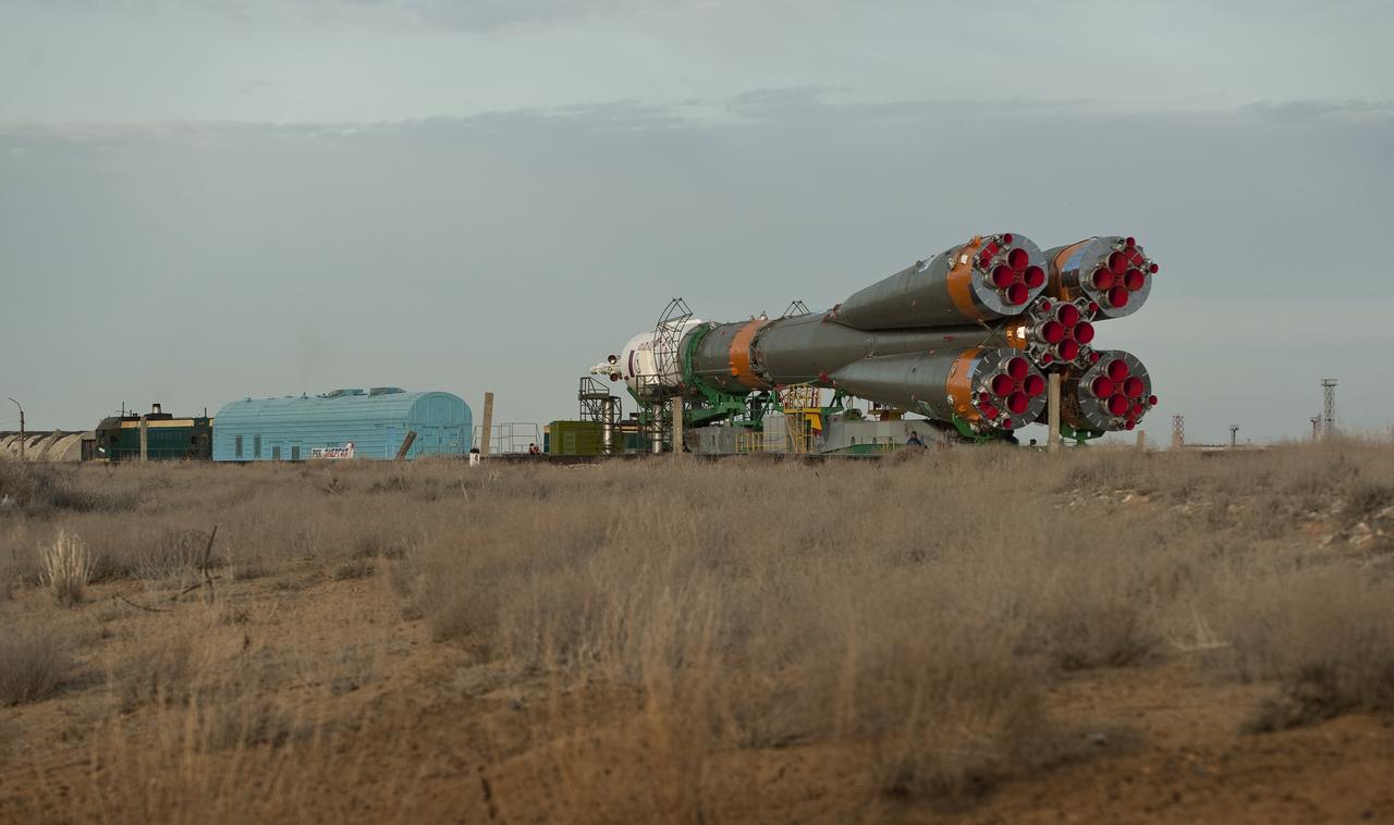 The Soyuz TMA-18 spacecraft is rolled out by train to the launch pad at the Baikonur Cosmodrome, Kazakhstan, Wednesday, March, 31, 2010.  The launch of the Soyuz spacecraft with Expedition 23 Soyuz Commander Alexander Skvortsov of Russia, Flight Engineer Mikhail Kornienko of Russia and NASA Flight Engineer Tracy Caldwell Dyson is scheduled for Friday, April 2, 2010 at 10:04 a.m. Kazakhstan time.  Photo Credit: (NASA/Carla Cioffi) 