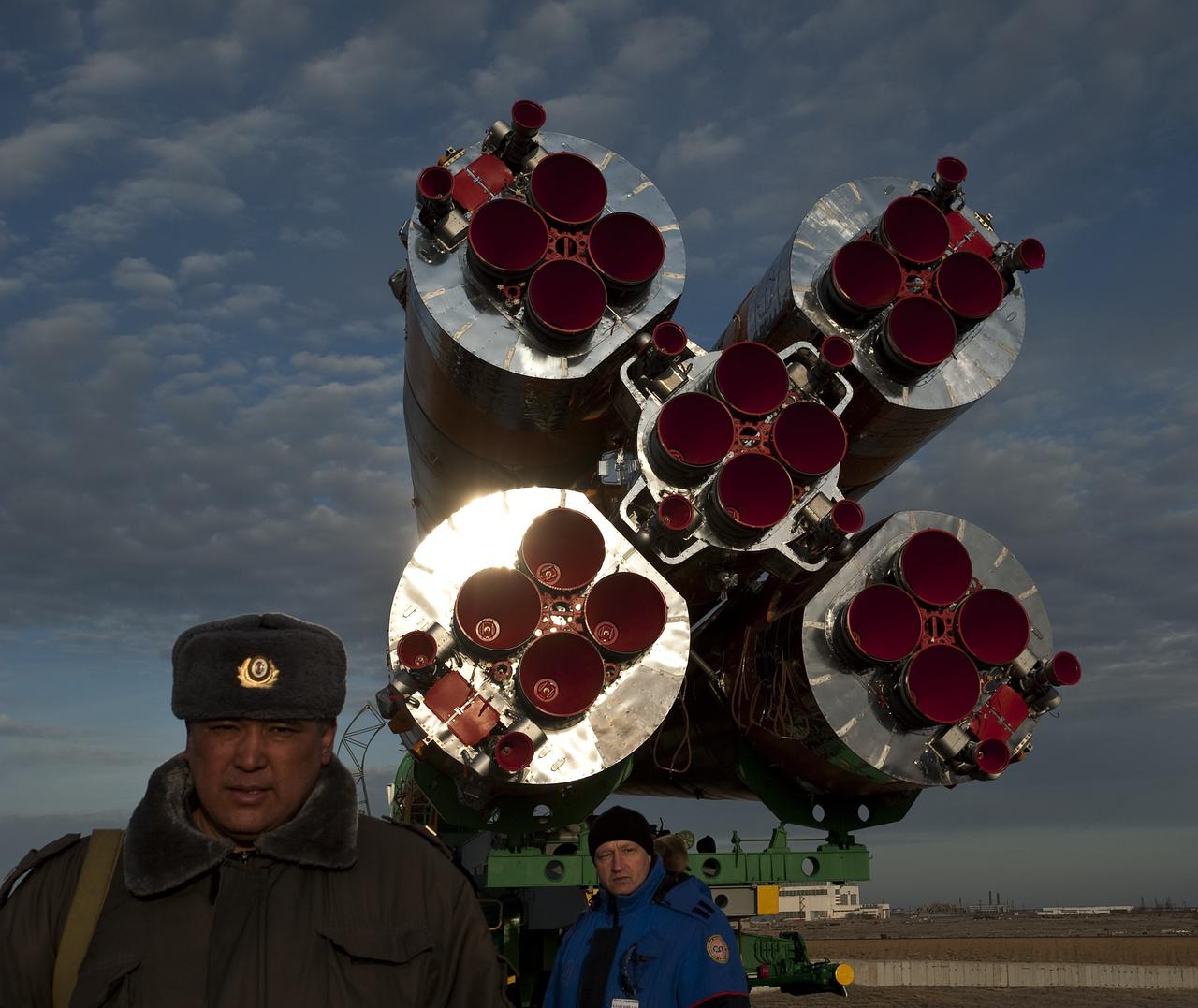 The Soyuz TMA-18 spacecraft is rolled out by train to the launch pad at the Baikonur Cosmodrome, Kazakhstan, Wednesday, March, 31, 2010.  The launch of the Soyuz spacecraft with Expedition 23 Soyuz Commander Alexander Skvortsov of Russia, Flight Engineer Mikhail Kornienko of Russia and NASA Flight Engineer Tracy Caldwell Dyson is scheduled for Friday, April 2, 2010 at 10:04 a.m. Kazakhstan time.  Photo Credit: (NASA/Carla Cioffi) 