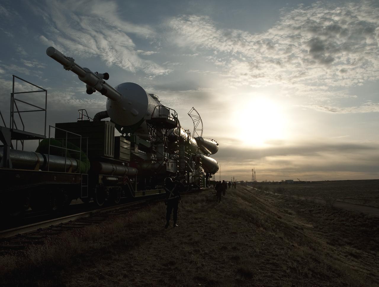 The Soyuz TMA-18 spacecraft is rolled out by train to the launch pad at the Baikonur Cosmodrome, Kazakhstan, Wednesday, March, 31, 2010.  The launch of the Soyuz spacecraft with Expedition 23 Soyuz Commander Alexander Skvortsov of Russia, Flight Engineer Mikhail Kornienko of Russia and NASA Flight Engineer Tracy Caldwell Dyson is scheduled for Friday, April 2, 2010 at 10:04 a.m. Kazakhstan time.  Photo Credit: (NASA/Carla Cioffi) 