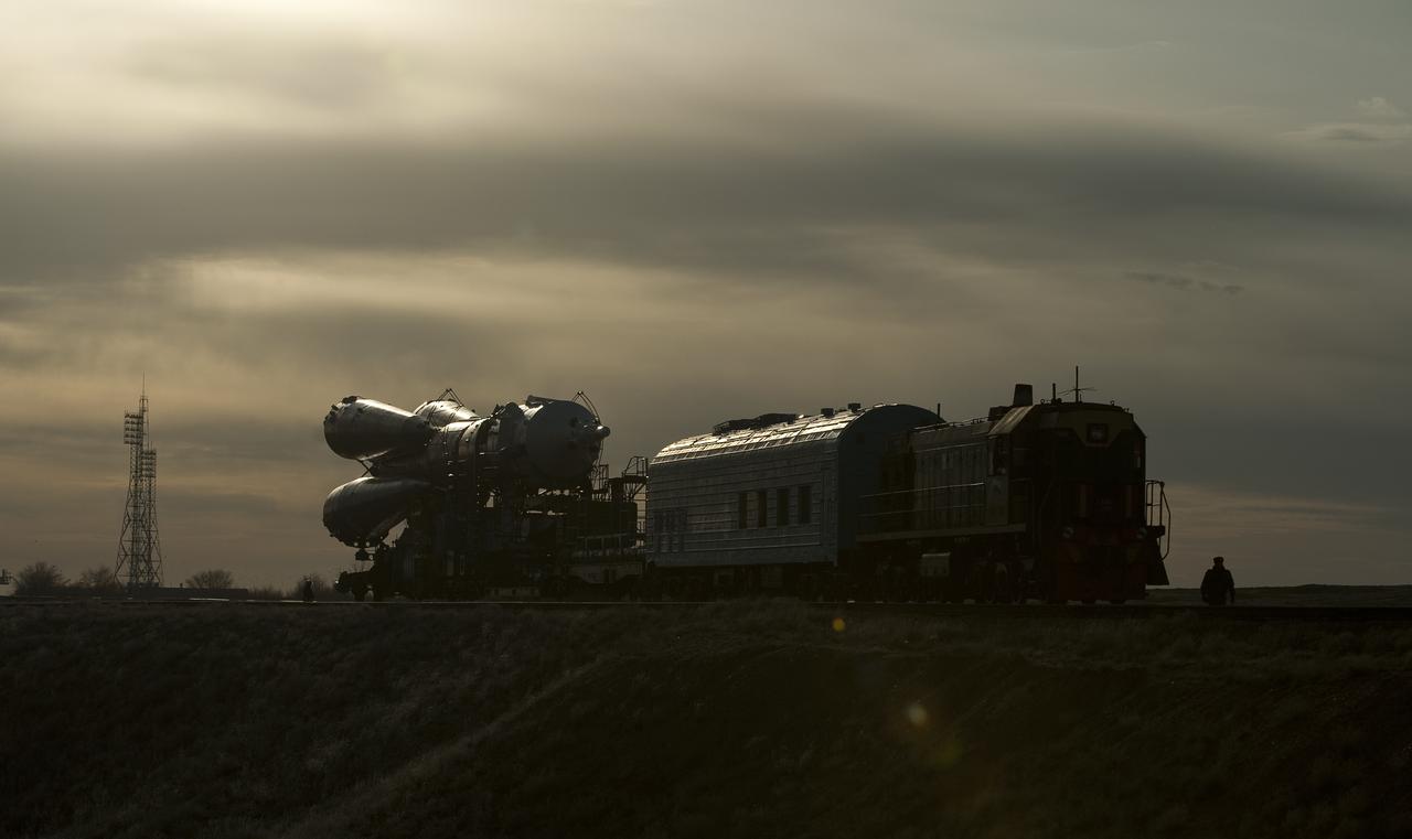The Soyuz TMA-18 spacecraft is rolled out by train to the launch pad at the Baikonur Cosmodrome, Kazakhstan, Wednesday, March, 31, 2010.  The launch of the Soyuz spacecraft with Expedition 23 Soyuz Commander Alexander Skvortsov of Russia, Flight Engineer Mikhail Kornienko of Russia and NASA Flight Engineer Tracy Caldwell Dyson is scheduled for Friday, April 2, 2010 at 10:04 a.m. Kazakhstan time.  Photo Credit: (NASA/Carla Cioffi) 