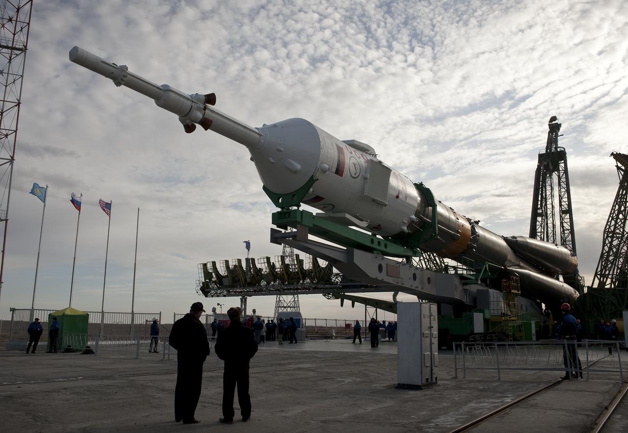 The Soyuz TMA-18 spacecraft is rolled out by train to the launch pad at the Baikonur Cosmodrome, Kazakhstan, Wednesday, March, 31, 2010. The launch of the Soyuz spacecraft with Expedition 23 Soyuz Commander Alexander Skvortsov of Russia, Flight Engineer Mikhail Kornienko of Russia and NASA Flight Engineer Tracy Caldwell Dyson is scheduled for Friday, April 2, 2010 at 10:04 a.m. Kazakhstan time. Photo Credit: (NASA/Carla Cioffi)