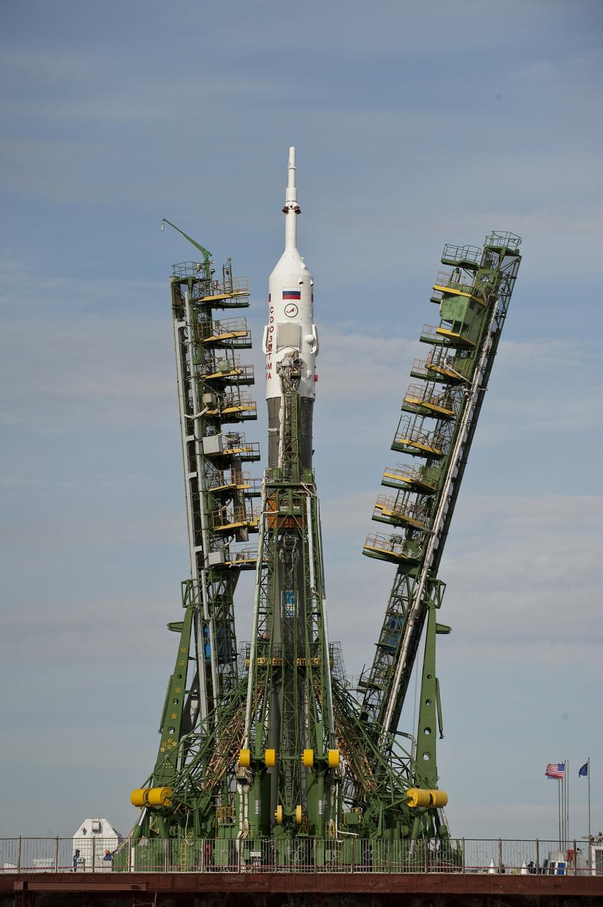 The Soyuz TMA-18 spacecraft is raised into position shortly after it was rolled out by train to the launch pad at the Baikonur Cosmodrome, Kazakhstan, Wednesday, March, 31, 2010. The launch of the Soyuz spacecraft with Expedition 23 Soyuz Commander Alexander Skvortsov of Russia, Flight Engineer Mikhail Kornienko of Russia, and NASA Flight Engineer Tracy Caldwell Dyson is scheduled for Friday, April 2, 2010 at 10:04 a.m. Kazakhstan time. Photo Credit (NASA/Carla Cioffi)