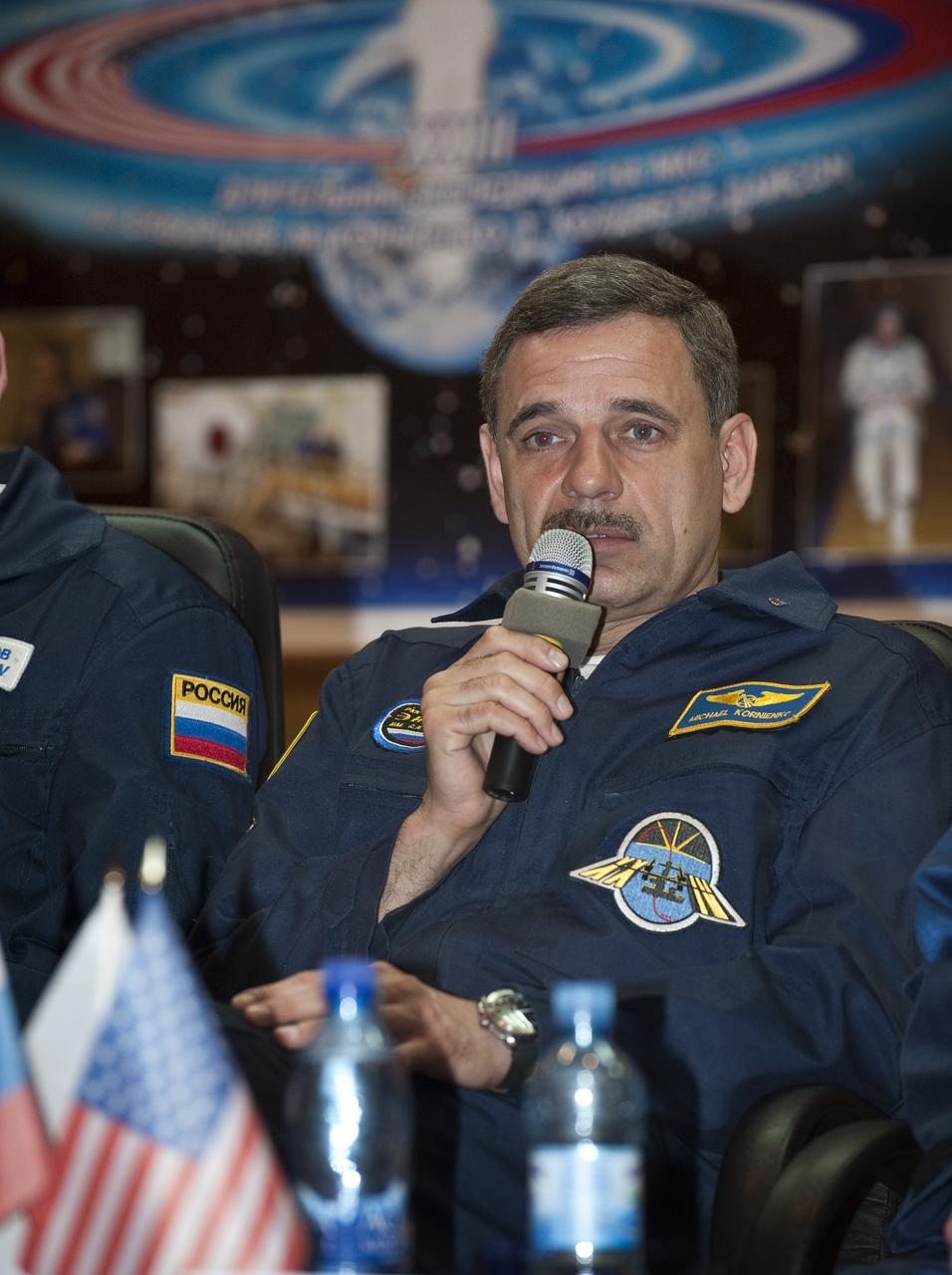 Expedition 23 Flight Engineer Mikhail Kornienko answers a reporters' question during a press conference held at the Cosmonaut Hotel in Baikonur, Kazakhstan on Thursday, April 1, 2010.  The launch of the Soyuz spacecraft with Expedition 23 NASA Flight Engineer Mikhail Kornienko, Soyuz Commander Alexander Skvortsov and Flight Engineer Tracy Caldwell Dyson is scheduled for Friday, April 2, 2010 at 10:04 a.m. Kazakhstan time.  Photo Credit: (NASA/Bill Ingalls)