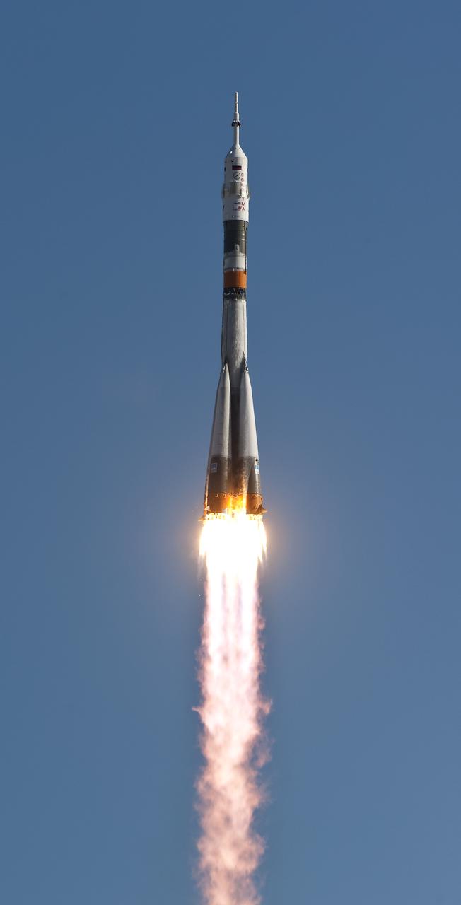 The Soyuz TMA-18 rocket launches from the Baikonur Cosmodrome in Kazakhstan on Friday, April 2, 2010 carrying Expedition 23 Soyuz Commander Alexander Skvortsov of Russia, Flight Engineer Mikhail Kornienko of Russia and NASA Flight Engineer Tracy Caldwell Dyson of the U.S. to the International Space Station. (Photo Credit: NASA/Carla Cioffi)
