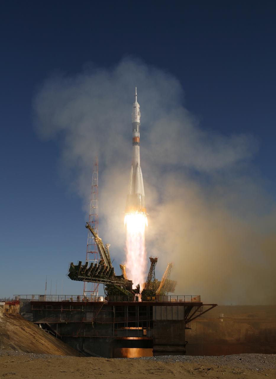 The Soyuz TMA-18 rocket launches from the Baikonur Cosmodrome in Kazakhstan on Friday, April 2, 2010 carrying Expedition 23 Soyuz Commander Alexander Skvortsov of Russia, Flight Engineer Mikhail Kornienko of Russia and NASA Flight Engineer Tracy Caldwell Dyson of the U.S. to the International Space Station. (Photo Credit: NASA/Bill Ingalls/Carla Cioffi)