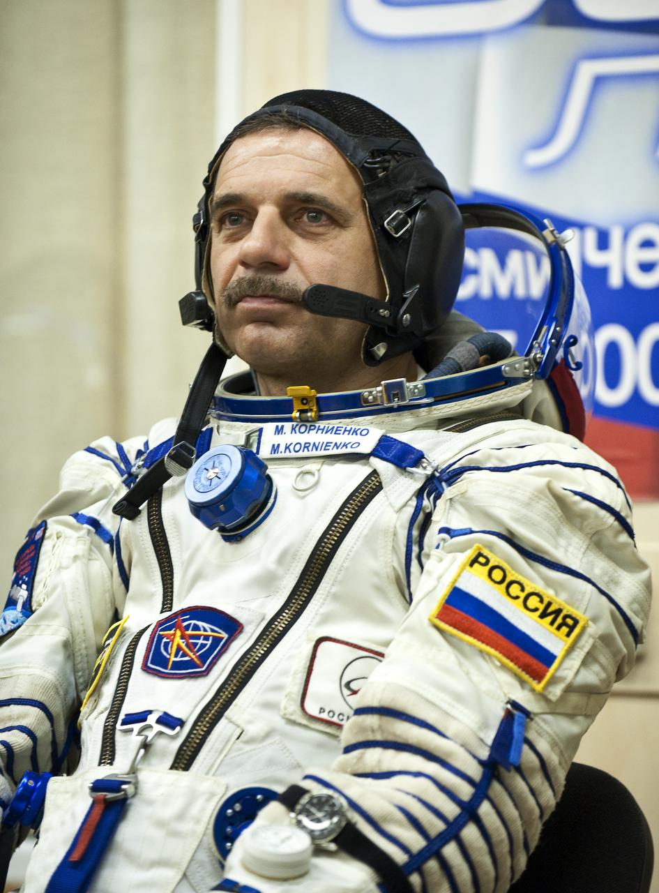 Expedition 23 Flight Engineer Mikhail Kornienko of Russia prepares to have his Russian Sokol suit pressure checked at the Baikonur Cosmodrome in Baikonur, Kazakhstan, Friday, April 2, 2010.  Kornienko and fellow Expedition 23 crewmembers Soyuz Commander Alexander Skvortsov and NASA Flight Engineer Tracy Caldwell Dyson launched in their Soyuz TMA-18 rocket from the Baikonur Cosmodrome in Kazakhstan on Friday, April 2, 2010. Photo Credit: (NASA/Carla Cioffi)