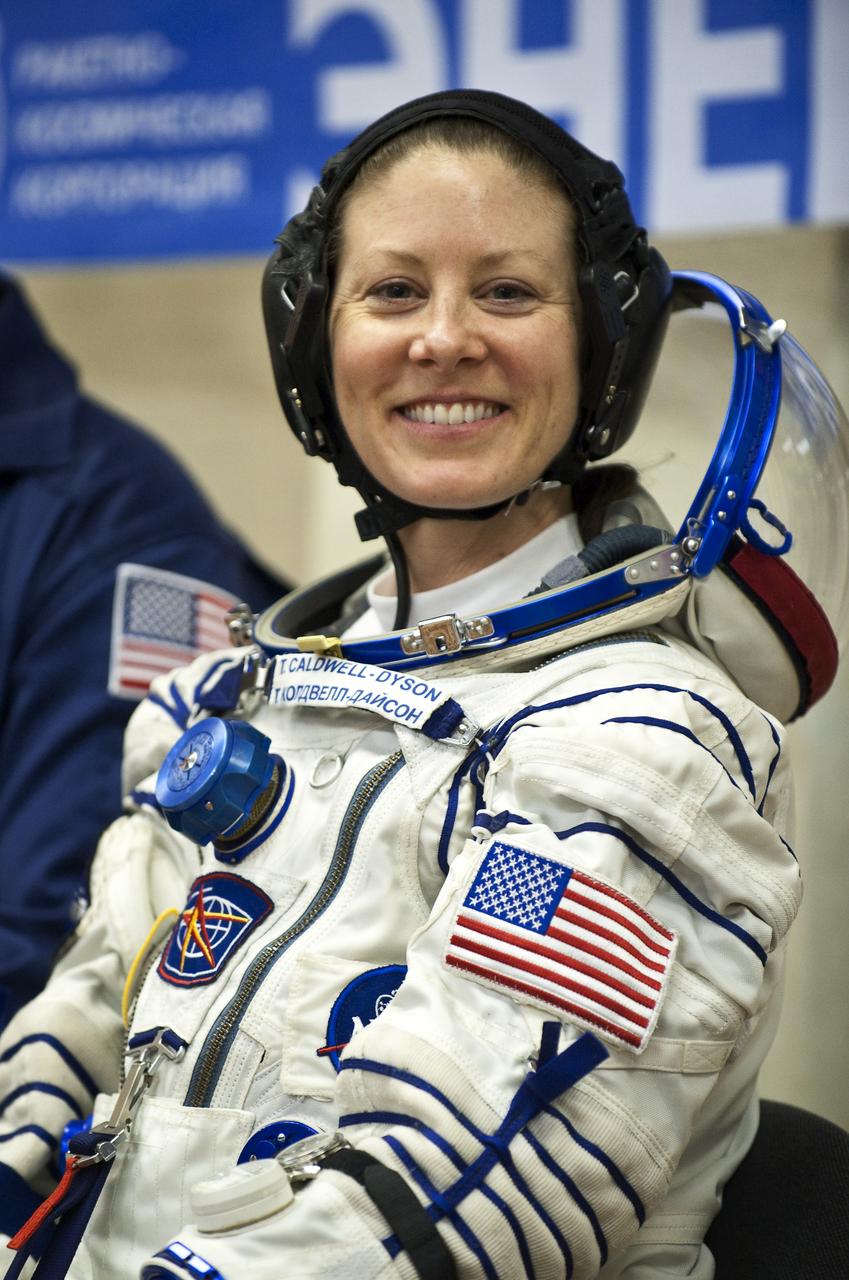 Expedition 23 NASA Flight Engineer Tracy Caldwell Dyson of the U.S. prepares to have her Russian Sokol suit pressure checked at the Baikonur Cosmodrome in Baikonur, Kazakhstan, Friday, April 2, 2010. Caldwell Dyson and fellow Expedition 23 crewmembers Soyuz Commander Alexander Skvortsov and Flight Engineer Mikhail Kornienko of Russia launched in their Soyuz TMA-18 rocket from the Baikonur Cosmodrome in Kazakhstan on Friday, April 2, 2010. Photo Credit: (NASA/Carla Cioffi)