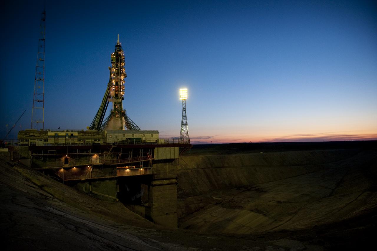 The Soyuz TMA-18 spacecraft is seen at sunrise prior to its launch at 10:04am, Friday, April 2, 2010 in Baikonur, Kazakhstan.  The Soyuz spacecraft will carry Expedition 23 Soyuz Commander Alexander Skvortsov of Russia, Flight Engineer Mikhail Kornienko of Russia, and NASA Flight Engineer Tracy Caldwell Dyson to the International Space Station. Photo Credit: (NASA/Bill Ingalls)
