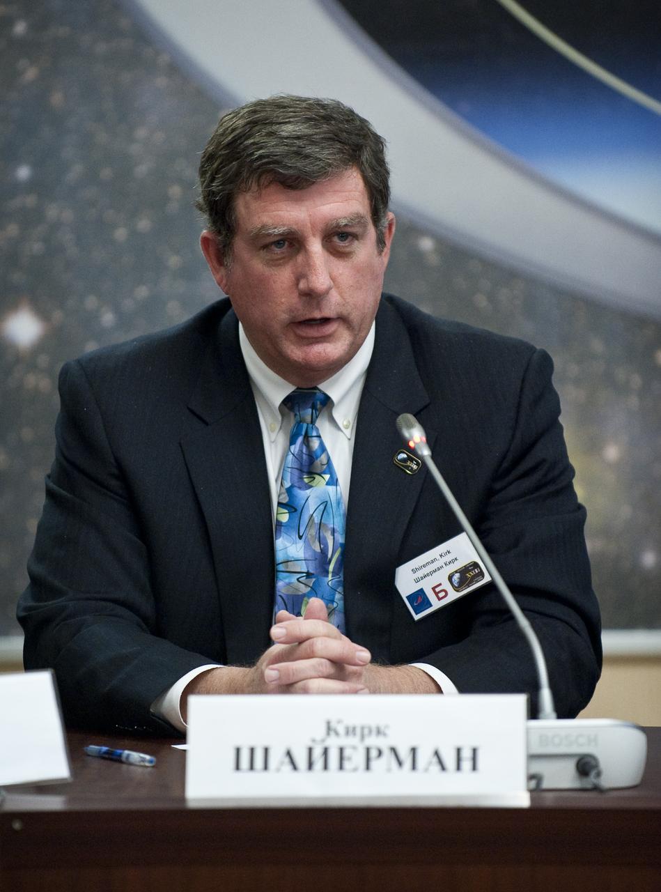 Kirk Shireman, NASA's deputy ISS program manager, answers reporter’s questions during a Soyuz post-docking press conference at the Russian Mission Control Center in Korolev, Russia on Sunday, April 4, 2010. The Soyuz TMA-18 docked to the International Space Station carrying Expedition 23 Soyuz Commander Alexander Skvortsov, Flight Engineer Mikhail Kornienko and NASA Flight Engineer Tracy Caldwell Dyson.  Photo Credit: (NASA/Carla Cioffi) 