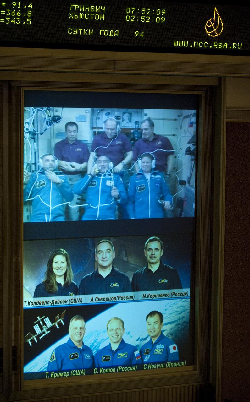 The crew of Expedition 23 are seen on a large TV screen in the Russian Mission Control Center in Korolev, Russia, Sunday, April 4, 2010, shortly after the Soyuz TMA-18 spacecraft docked to the International Space Station and delivered Expedition 23 Flight Engineers Alexander Skvortsov, Mikhail Kornienko and Tracy Caldwell Dyson.  Clockwise from top right are NASA astronaut TJ Creamer, NASA astronaut Tracy Caldwell Dyson, Russian cosmonaut Alexander Skvortsov, Russian cosmonaut Mikhail Kornienko, JAXA (Japan Aerospace Exploration Agency) astronaut Soichi Noguchi and Expedition 23 commander Russian cosmonaut Oleg Kotov . Photo Credit: (NASA/Carla Cioffi)