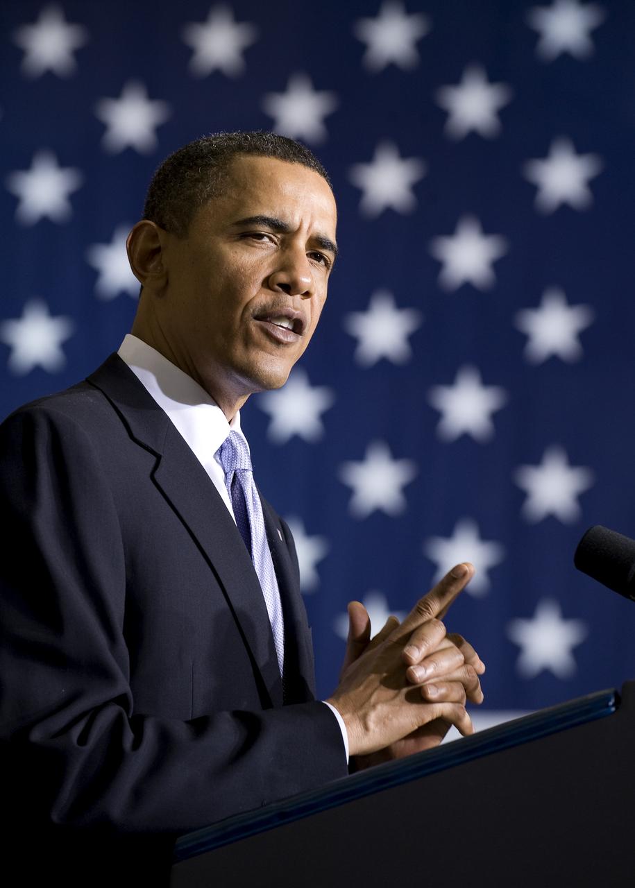 President Barack Obama delivers a speech at the Operations and Checkout Building at NASA Kennedy Space Center in Cape Canaveral, Fla. on Thursday, April 15, 2010. Obama visited Kennedy Space Center to deliver remarks on the bold new course the Administration is charting for NASA and the future of U.S. leadership in human space flight. Photo Credit: (NASA/Bill Ingalls)