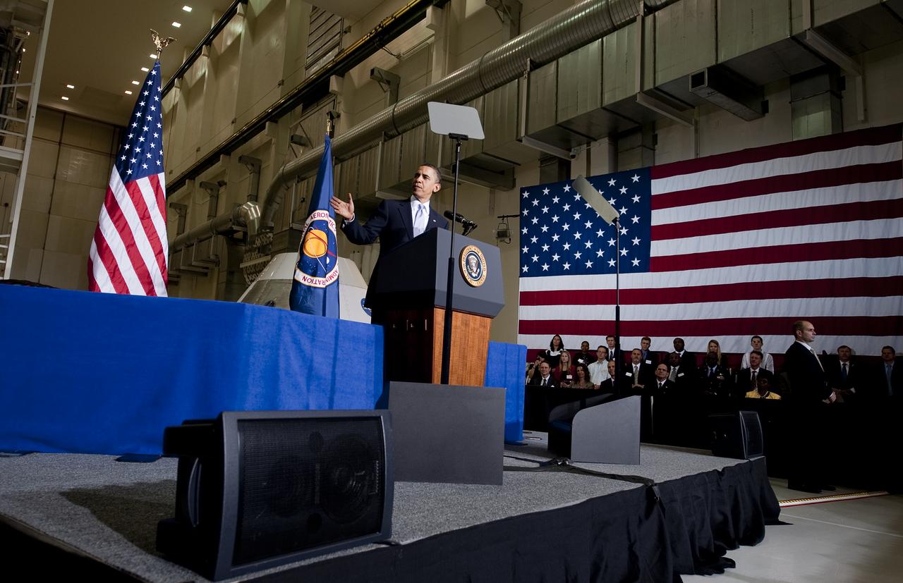 President Barack Obama delivers a speech at the Operations and Checkout Building at NASA Kennedy Space Center in Cape Canaveral, Fla. on Thursday, April 15, 2010. Obama visited Kennedy Space Center to deliver remarks on the bold new course the Administration is charting for NASA and the future of U.S. leadership in human space flight. Photo Credit: (NASA/Bill Ingalls)