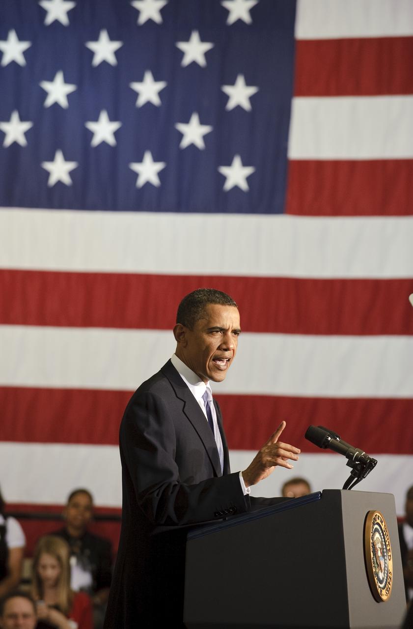 President Barack Obama delivers a speech at the Operations and Checkout Building at NASA Kennedy Space Center in Cape Canaveral, Fla. on Thursday, April 15, 2010. Obama visited Kennedy Space Center to deliver remarks on the bold new course the Administration is charting for NASA and the future of U.S. leadership in human space flight. Photo Credit: (NASA/Paul E. Alers)