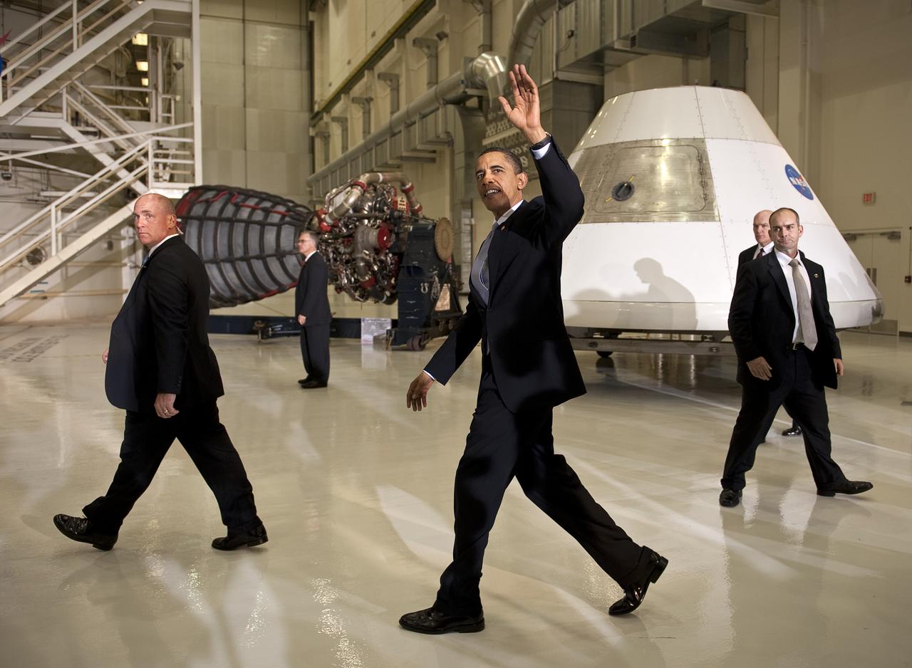 President Barack Obama waves farewell after speaking at the NASA Kennedy Space Center in Cape Canaveral, Fla. on Thursday, April 15, 2010. Obama visited Kennedy to deliver remarks on the bold new course the administration is charting to maintain U.S. leadership in human space flight. Photo Credit: (NASA/Bill Ingalls)